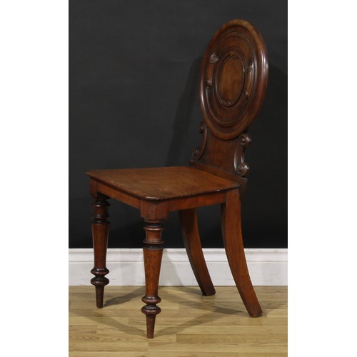 1342 - A pair of Victorian mahogany hall chairs, 88cm high, 44cm wide, 36cm deep, c.1860