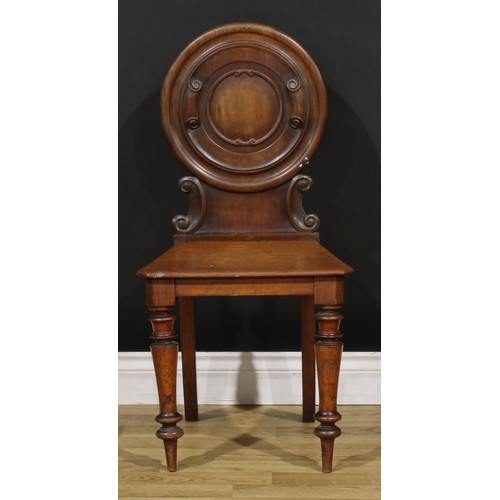 1342 - A pair of Victorian mahogany hall chairs, 88cm high, 44cm wide, 36cm deep, c.1860