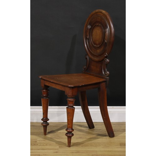 1342 - A pair of Victorian mahogany hall chairs, 88cm high, 44cm wide, 36cm deep, c.1860