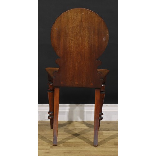 1342 - A pair of Victorian mahogany hall chairs, 88cm high, 44cm wide, 36cm deep, c.1860