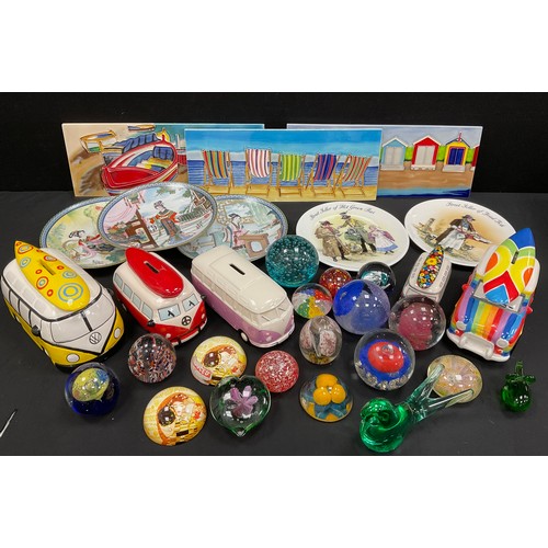 96 - Ceramics & Glass - murano style paperweights, novelty money banks as campervans,  tiles plaques etc