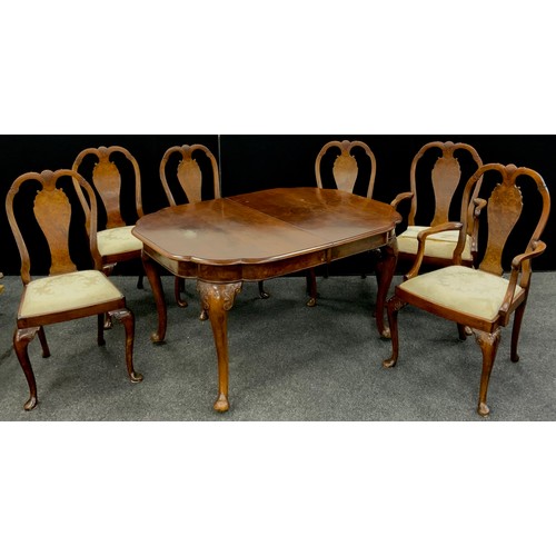 120 - A walnut and burr walnut Queen Anne revival dining suite - comprising six dining chairs, (four side ... 