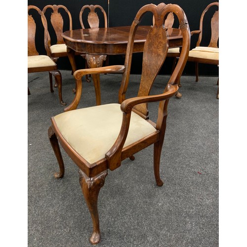 120 - A walnut and burr walnut Queen Anne revival dining suite - comprising six dining chairs, (four side ... 