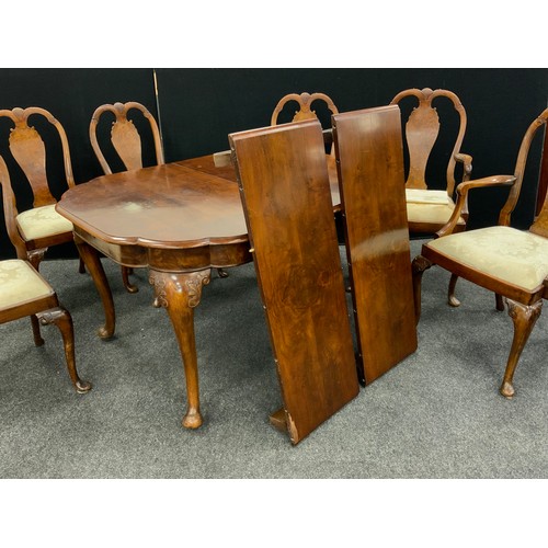 120 - A walnut and burr walnut Queen Anne revival dining suite - comprising six dining chairs, (four side ... 