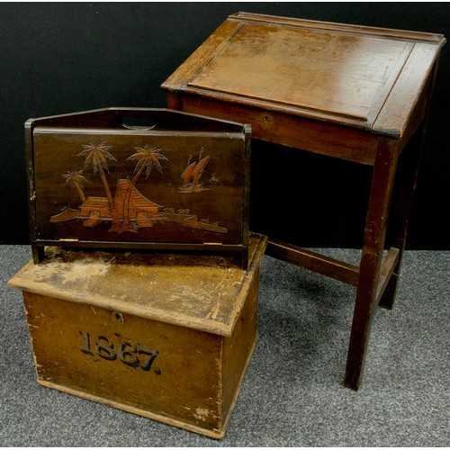 129 - A Victorian pine box, dated 1867, 31cm x 48cm x 23cm;  small stained pine school desk, sloping hinge... 