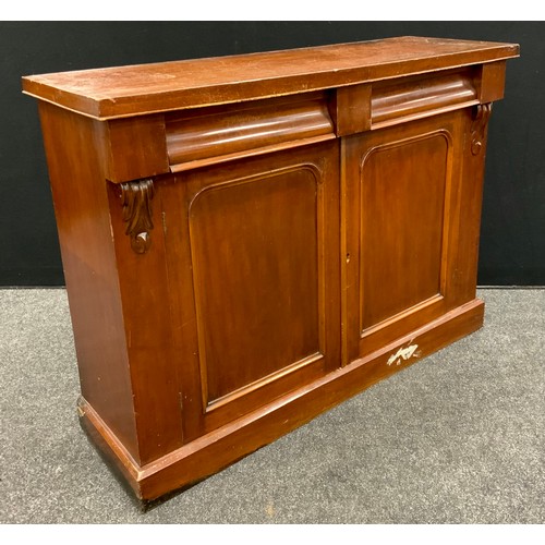 138 - A Victorian mahogany chiffonier, over-sailing top, with pair of cushion front drawers to frieze, car... 