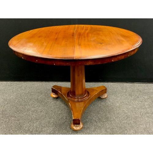 140 - A Victorian mahogany tilt-top breakfast table, circular top, tapered hexagonal support, tri-form bas... 