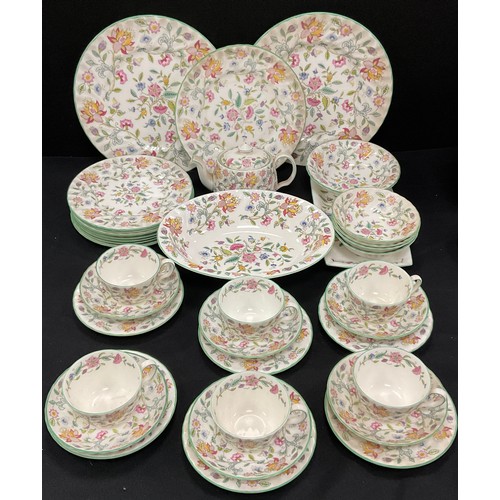 141 - Minton ‘Haddon Hall’ pattern part table service for six including; two dinner plates, seven medium p... 