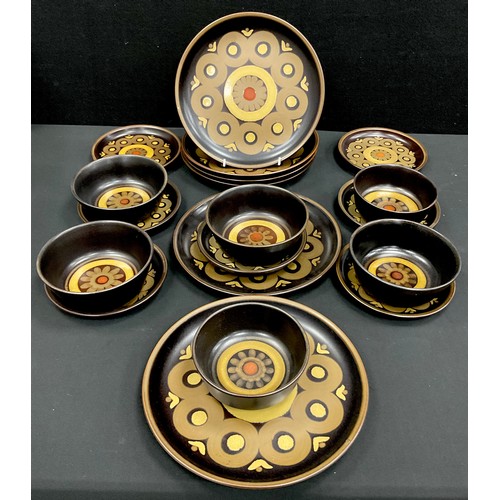 144 - Denby ‘Arabesque’ pattern dinner ware comprised of; six large dinner plates, seven smaller, six bowl... 