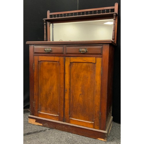 152 - A Victorian mahogany chiffonier, the quarter-galleried top with bevelled mirror back, turned support... 