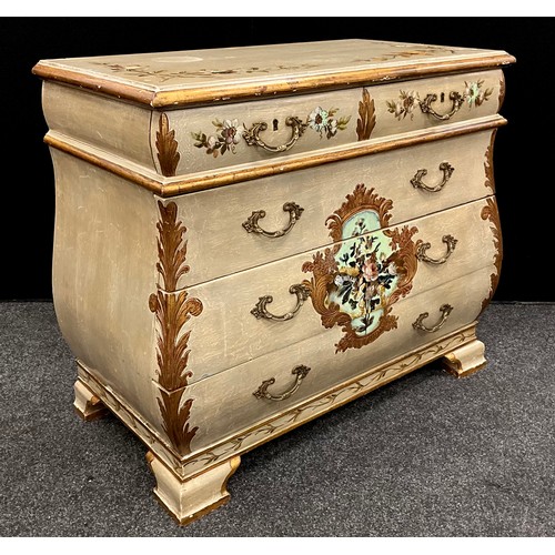 161 - A Florentine Italian style Bombe-shaped painted chest of drawers, 75.5cm high x 89cm wide x 48cm dee... 