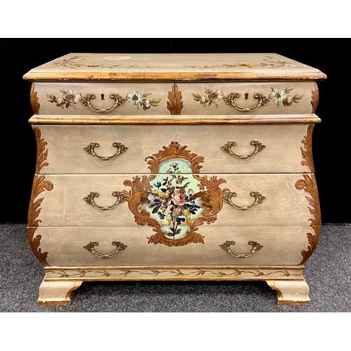 161 - A Florentine Italian style Bombe-shaped painted chest of drawers, 75.5cm high x 89cm wide x 48cm dee... 