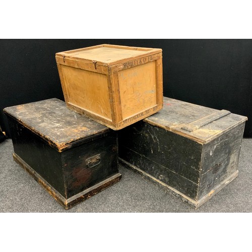 166 - A late 19th / early 20th century pine carpenter’s tool chest, 43cm high x 84cm wide x 42cm deep;  an... 