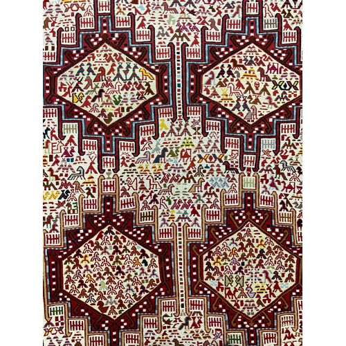 181 - A Kilim Soumak Shahsavan rug, with animal and lozenge panelled field, in tones or red, blue, cream, ... 