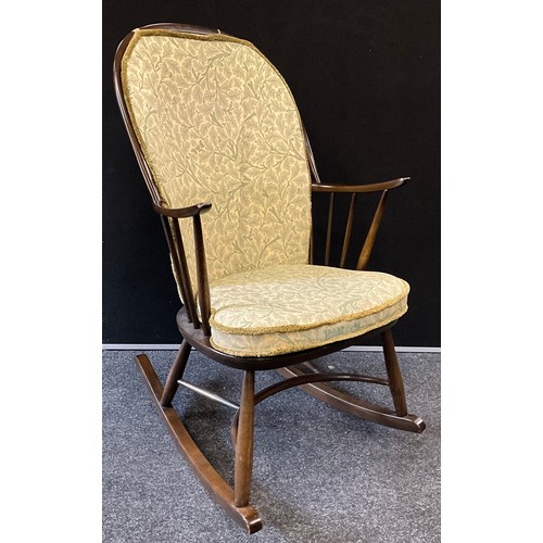 198 - An Ercol Windor Swan back elm and beech rocking chair, 106cm high, 62cm wide, 80cm deep, 40cm high t... 