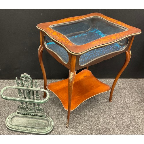 230 - Edwardian mahogany bijouterie cabinet, and a  metal stick stand.