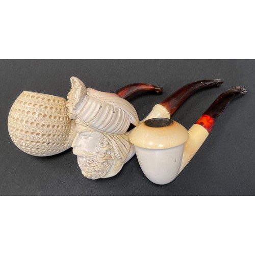 249 - Pipes & Smoking - three meerschaum pipes,  Sultans Head;  pierced bowl possibly Ser Jacopo etc, each... 