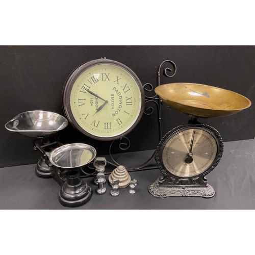 256 - A Salterd No. 45 shop scale;  balance scale and bell weights,  wall clock (3)