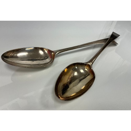 264 - A George III silver serving spoon, Hester Bateman, London 1780; another 1785, 3.7ozt (2)