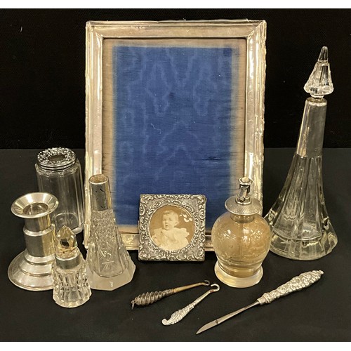 270 - Silver - silver frame, Birmingham,1911, another smaller, silver topped jars, bottles, button hooks; ... 