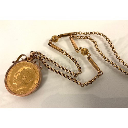 285 - A George V sovereign pendant necklace, 1913, London mint, suspended from a fancy ball bar and ring l... 