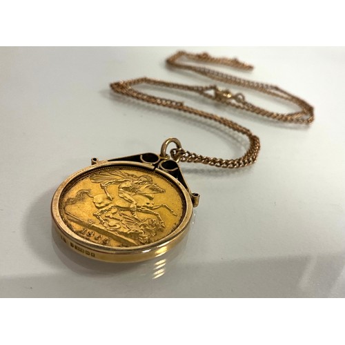 294 - An Elizabeth II sovereign pendant 1965, London mint, 9ct gold mount and chain, 13g gross