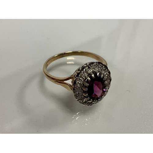 300 - A 9ct yellow and white gold dress ring set with a purplish red rhodolite garnet surrounded by a roun... 