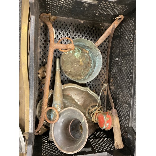 93 - Boxes and objects - fire fender, agricultural equipment, horse brasses, 19th century cast iron door ... 