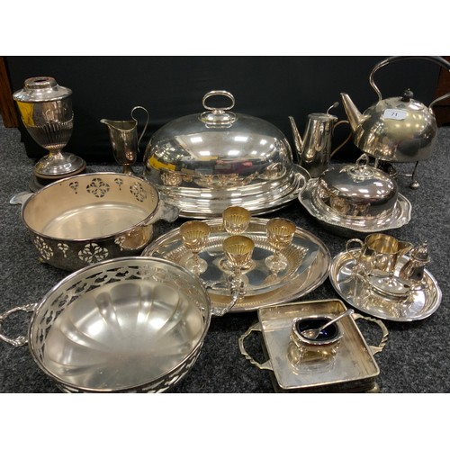 71 - Silver plate - an arts and crafts chocolate pot; spirit kettle on stand, muffin dish, etc