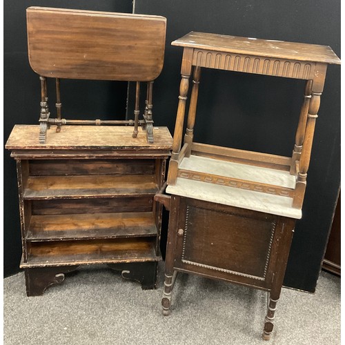 134 - A 19th century three tier pine open bookcase;  oak side table;  mahogany pembroke table;  marble-top... 