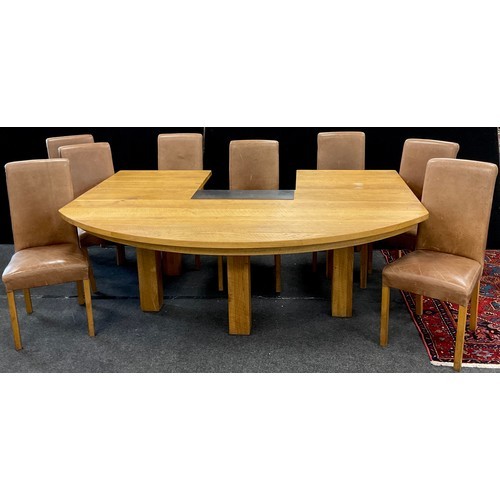 145 - A bespoke made solid oak Hunt table, and set of eight conforming Indigo furniture pale tan leather d... 