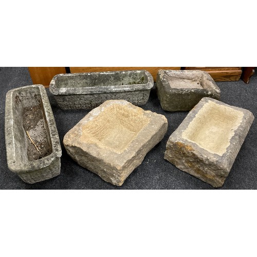 164A - Three Derbyshire gritstone troughs, the largest measuring 17cm high x 43cm wide x 39cm;  two reconst... 