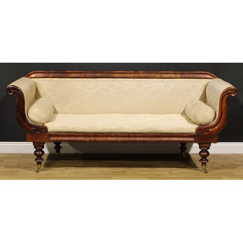 1944 - A George/William IV mahogany lyre arm sofa, stuffed-over upholstery, squab cushion, turned legs, 89c... 