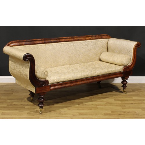 1944 - A George/William IV mahogany lyre arm sofa, stuffed-over upholstery, squab cushion, turned legs, 89c... 