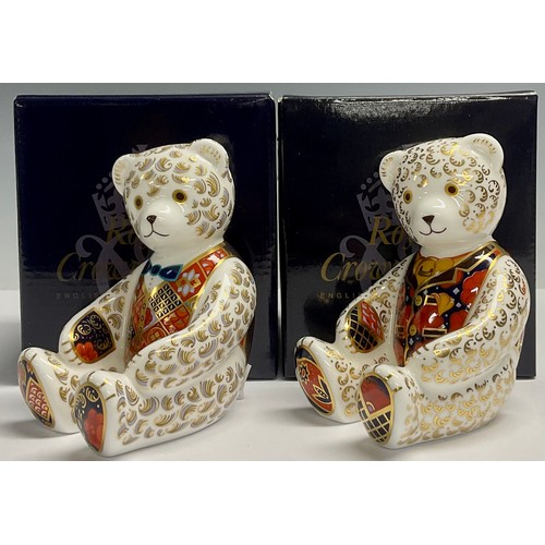 15 - A Royal Crown Derby Teddy Bear paperweight, Teddy Bear with blue bow tie, another Debonair Bear, an ... 