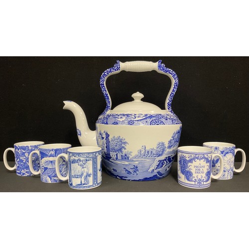 61 - An oversized Spode Blue Italian pattern tea kettle, 31.5cm high; a set of five Spode Blue Room Archi... 