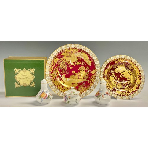 72 - A Royal Crown Derby Red and Gold Aves plate, heraldic border; another smaller; a Posies pattern salt... 