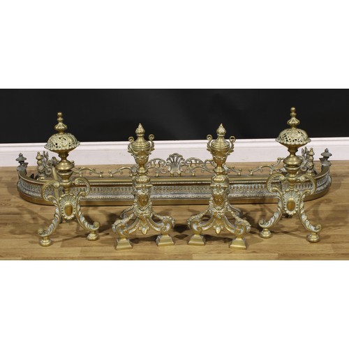 89 - A pair of Louis XV Revival brass andirons, urn finials, above bell husk swags, 52cm high; another pa... 