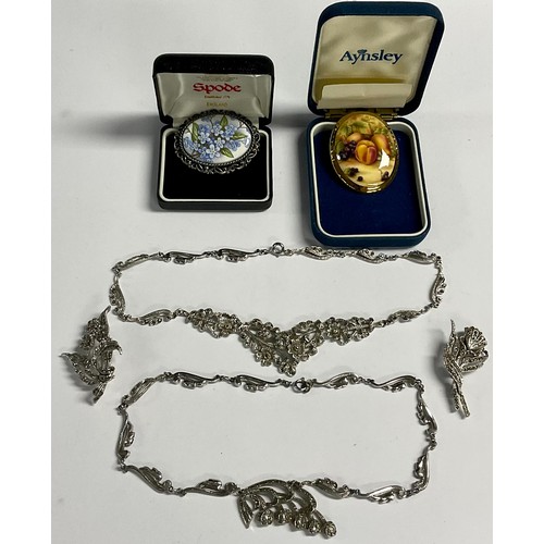 200 - A silver coloured metal and marcasite necklace; another similar; brooches; etc (4)