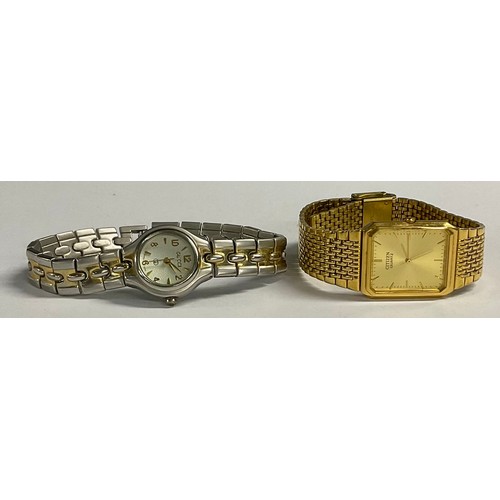 216 - A Citizen tank wristwatch, block batons on a gold coloured dial; a lady's Gucci wristwatch (2)