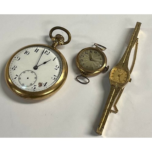 193 - A lady's gold watch, probably 9ct, 12g; a gold plated open face pocket watch, white enamel dial, Ara... 