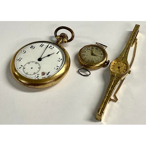 193 - A lady's gold watch, probably 9ct, 12g; a gold plated open face pocket watch, white enamel dial, Ara... 