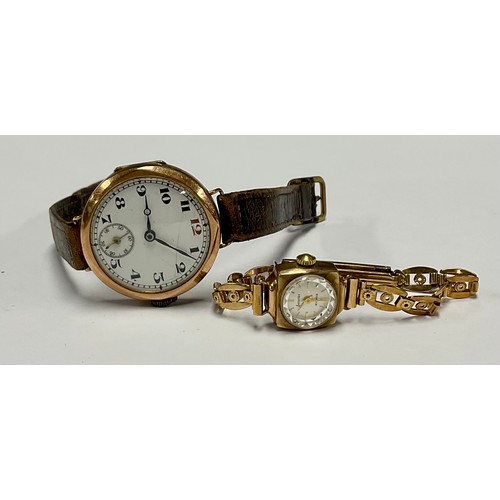 192 - A 9ct gold wristwatch, white enamel dial, subsidiary seconds dial at 6 o'clock, side wind; a lady's ... 