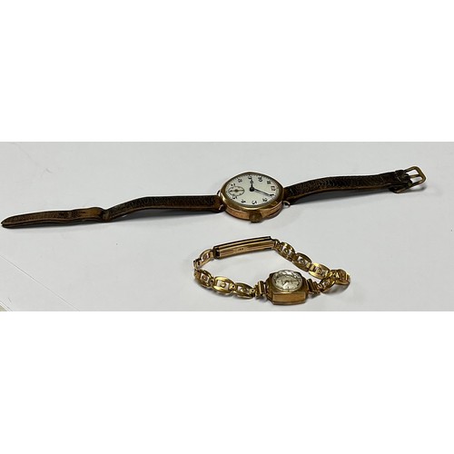 192 - A 9ct gold wristwatch, white enamel dial, subsidiary seconds dial at 6 o'clock, side wind; a lady's ... 