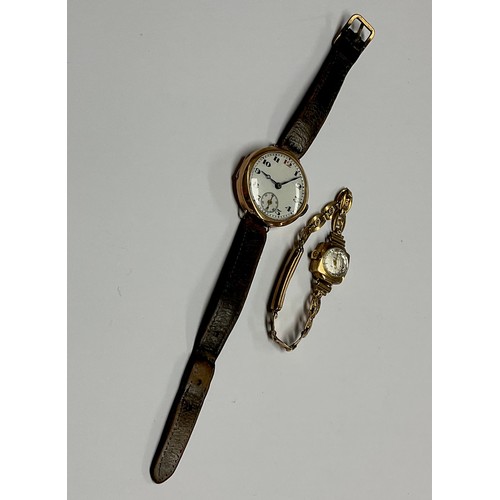 192 - A 9ct gold wristwatch, white enamel dial, subsidiary seconds dial at 6 o'clock, side wind; a lady's ... 