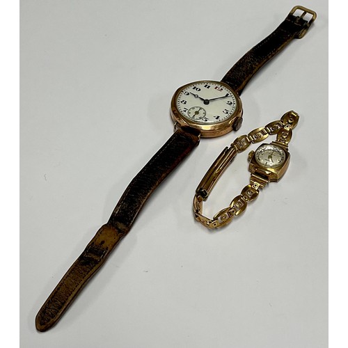 192 - A 9ct gold wristwatch, white enamel dial, subsidiary seconds dial at 6 o'clock, side wind; a lady's ... 