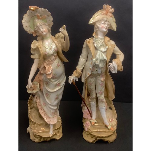 172 - A pair of continental porcelain figures, gallant and lady companion, probably Austrian or Czech, c.1... 