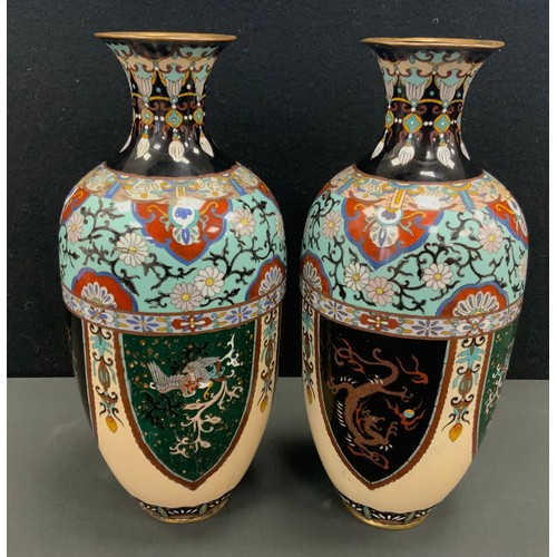 4 - A pair of 20th century cloisonne vases, decorated with Ginbari and enamel panels of dragons and bird... 