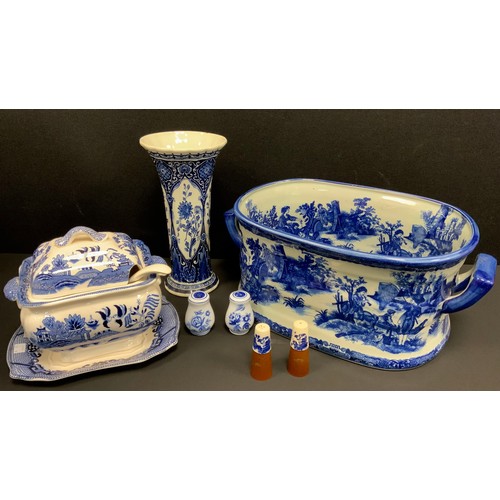 13 - A reproduction blue and white footbath planter, Castle landscape;  sauce tureen and stand etc