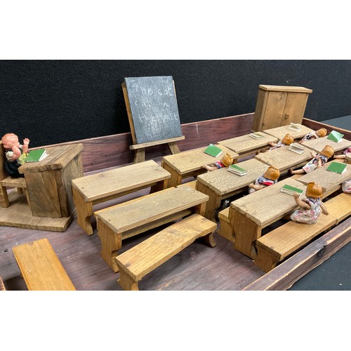 25 - Bavarian/german wooden doll house furniture including; desks, benches, blackboard, school children f... 